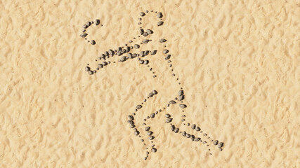 Concept conceptual stones on beach sand handmade symbol shape, golden sandy background, volleyball player sign. 3d illustration metaphor for sport, competition training,  relaxation, family and fun