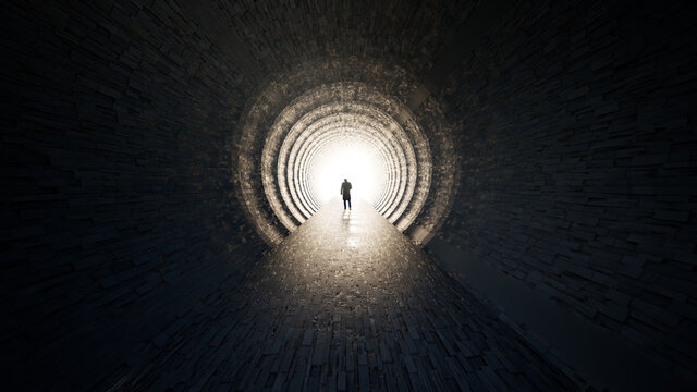 Fototapeta Concept or conceptual dark tunnel with a bright light at the end or exit as metaphor to success, faith, future or hope, a black silhouette of walking man to new opportunity or freedom 3d illustration