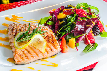 Grilled salmon and vegetables.