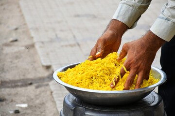 Making of street food and mix with fingers