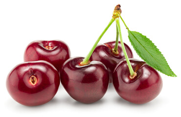 red cherry fruit with green leaf isolated on white background. clipping path