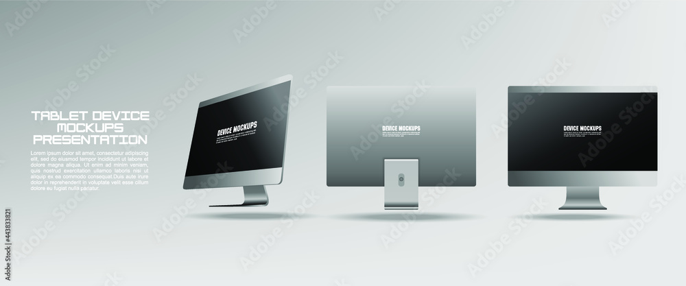 Poster realistic desktop mockup with black screen in different positions. monoblock. presentation of a new 