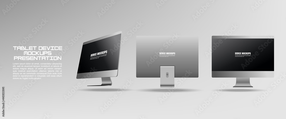 Poster realistic desktop mockup with black screen in different positions. monoblock. presentation of a new 