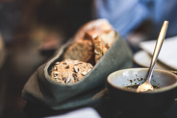 Fresh bread in a delicious restaurant 
