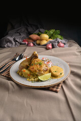 stewed chicken with sauce and fried rice with mash potato and vegetables salad Peruvian cuisine menu