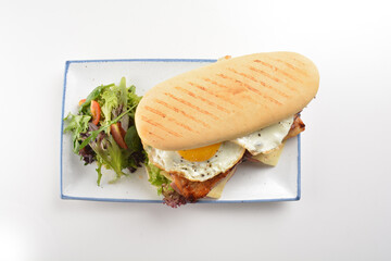 assorted sandwiches club with focaccia bread, grilled teriyaki chicken , cheese and fried egg with salad in white background western halal menu