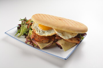 assorted sandwiches club with focaccia bread, grilled teriyaki chicken , cheese and fried egg with salad in white background western halal menu