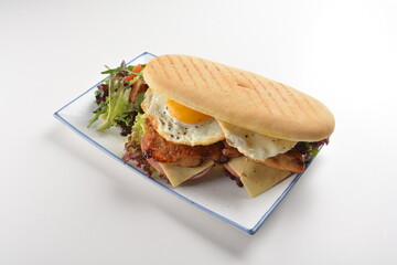 assorted sandwiches club with focaccia bread, grilled teriyaki chicken , cheese and fried egg with salad in white background western halal menu