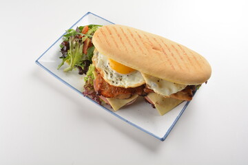 assorted sandwiches club with focaccia bread, grilled teriyaki chicken , cheese and fried egg with salad in white background western halal menu