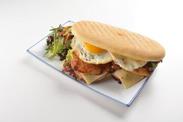 assorted sandwiches club with focaccia bread, grilled teriyaki chicken , cheese and fried egg with salad in white background western halal menu