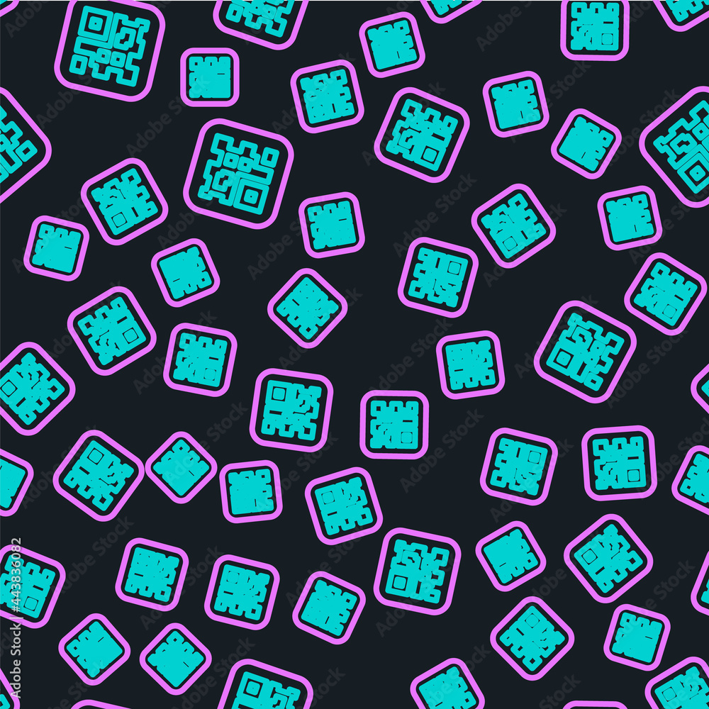 Poster line qr code sample for smartphone scanning icon isolated seamless pattern on black background. vect