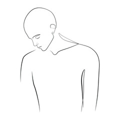 Sad man stands with his head down line art on white isolated background