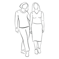 Two women stand side by side and hug line art on white isolated background