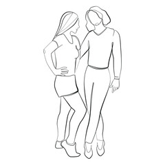 Two women stand side by side and hug line art on white isolated background