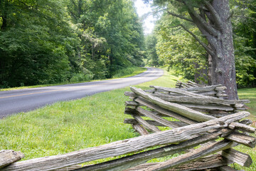 Split rail fence along the Blue Ridge Parkway road in Virginia