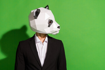 Profile photo of role-play character look side empty space wear panda head black suit isolated on...