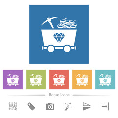 Diamond mining with treasure flat white icons in square backgrounds