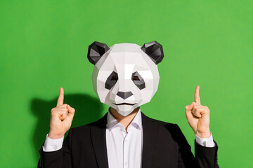 Photo of wacky hipster guy indicate fingers up empty space wear panda mask black tuxedo isolated on...
