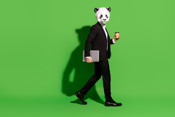 Photo of programmer guy go hold takeout coffee cup netbook wear panda head black tux isolated on...