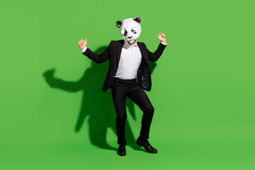 Photo of hipster absurd man dance disco wear panda mask black tux shoes isolated on green color...