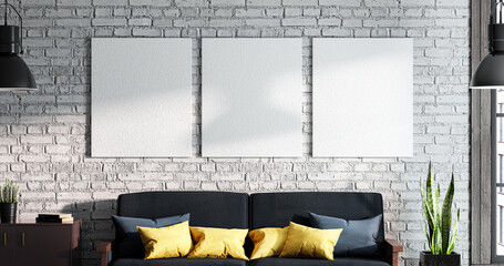 Template of an image gallery on a background of a brick wall in a loft interior with sofa and locker - 3d rendering