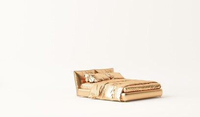 Golden Bed in neutral beige colors background . Trendy 3d rendering for social media banners, promotion, image. Light background with copy space.
