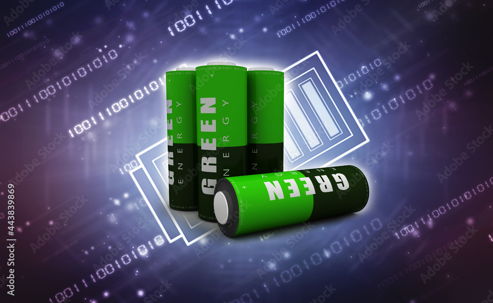 Poster 3d rendering electrical energy and power supply source concept, accumulator battery with charging le