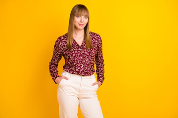 Photo portrait of confident business woman wearing floral blouse smiling isolated bright yellow...