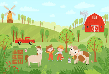 Landscape farm. Cute background with farm animals in a flat style. Children farmers are harvesting crops. Illustration with pets, children, mill, pickup, barn, at the ranch. Vector