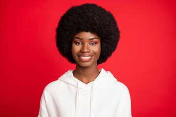 Photo of nice brunette hair young lady wear white hoodie isolated on red color background