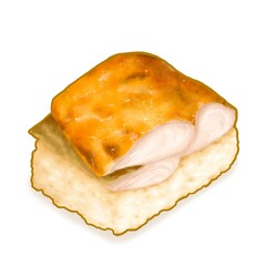 Grilled saba sushi, a digital painting of Japanese sushi rice with slided mackerel fish topping seafood raster 3D illustration isolated on white background.