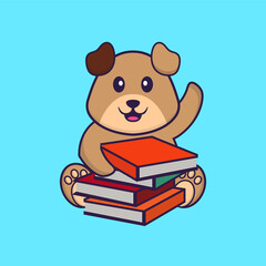 Cute dog reading a book. Animal cartoon concept isolated. Can used for t-shirt, greeting card, invitation card or mascot. flat cartoon style