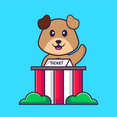 Cute dog is being a ticket keeper. Animal cartoon concept isolated. Can used for t-shirt, greeting card, invitation card or mascot. Flat Cartoon Style