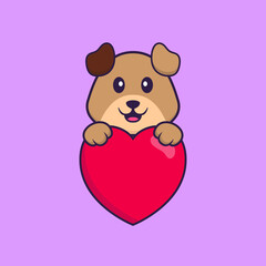 Cute dog holding a big red heart. Animal cartoon concept isolated. Can used for t-shirt, greeting card, invitation card or mascot. Flat Cartoon Style
