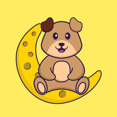 Cute dog is sitting on the moon. Animal cartoon concept isolated. Can used for t-shirt, greeting card, invitation card or mascot. Flat Cartoon Style