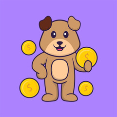 Cute dog holding coin. Animal cartoon concept isolated. Can used for t-shirt, greeting card, invitation card or mascot. Flat Cartoon Style