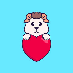 Cute sheep holding a big red heart. Animal cartoon concept isolated. Can used for t-shirt, greeting card, invitation card or mascot. Flat Cartoon Style
