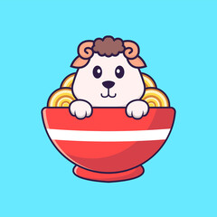 Cute sheep eating ramen noodles. Animal cartoon concept isolated. Can used for t-shirt, greeting card, invitation card or mascot. Flat Cartoon Style