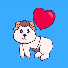 Cute sheep flying with love shaped balloons. Animal cartoon concept isolated. Can used for t-shirt, greeting card, invitation card or mascot. Flat Cartoon Style