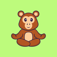 Cute monkey is meditating or doing yoga. Animal cartoon concept isolated. Can used for t-shirt, greeting card, invitation card or mascot. Flat Cartoon Style
