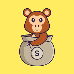 Cute monkey in a money bag. Animal cartoon concept isolated. Can used for t-shirt, greeting card, invitation card or mascot. Flat Cartoon Style