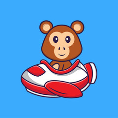 Cute monkey flying on a plane. Animal cartoon concept isolated. Can used for t-shirt, greeting card, invitation card or mascot. Flat Cartoon Style
