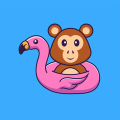 Cute monkey With flamingo buoy. Animal cartoon concept isolated. Can used for t-shirt, greeting card, invitation card or mascot. Flat Cartoon Style