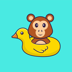 Cute monkey With Duck buoy. Animal cartoon concept isolated. Can used for t-shirt, greeting card, invitation card or mascot. Flat Cartoon Style