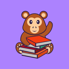 Cute monkey reading a book. Animal cartoon concept isolated. Can used for t-shirt, greeting card, invitation card or mascot. flat cartoon style