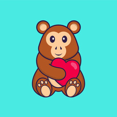 Cute monkey holding a big red heart. Animal cartoon concept isolated. Can used for t-shirt, greeting card, invitation card or mascot. Flat Cartoon Style