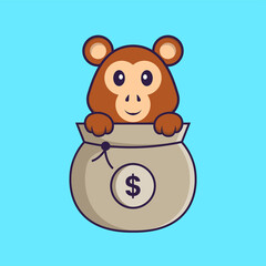 Cute monkey playing in money bag. Animal cartoon concept isolated. Can used for t-shirt, greeting card, invitation card or mascot. Flat Cartoon Style