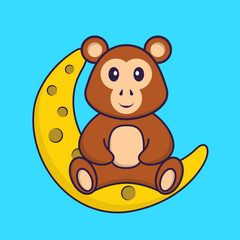 Cute monkey is sitting on the moon. Animal cartoon concept isolated. Can used for t-shirt, greeting card, invitation card or mascot. Flat Cartoon Style