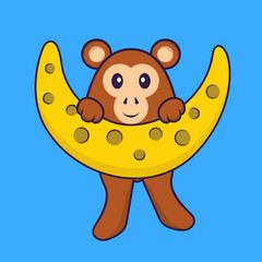 Cute monkey is on the moon. Animal cartoon concept isolated. Can used for t-shirt, greeting card, invitation card or mascot. Flat Cartoon Style