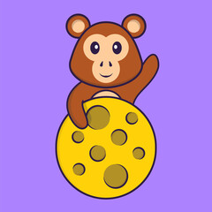 Cute monkey is on the moon. Animal cartoon concept isolated. Can used for t-shirt, greeting card, invitation card or mascot. Flat Cartoon Style